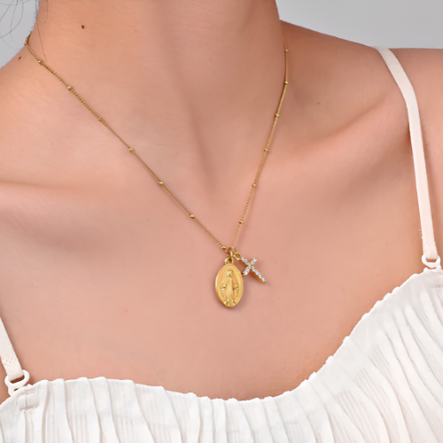 Collar Medalla Milagrosa y Cruz con circonitas
